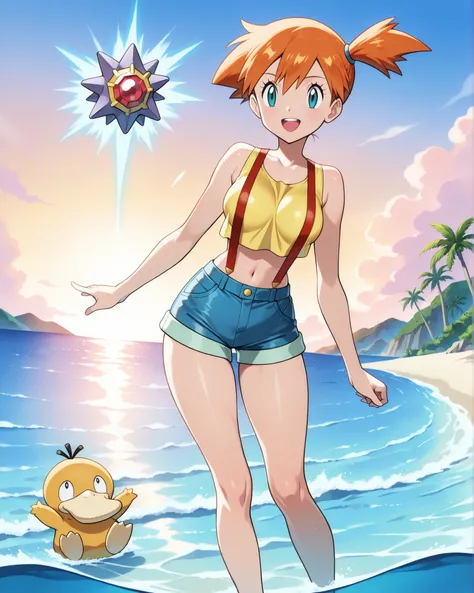 (masterpiece, best quality, Ultra high definition, 4k, 8K), anime style/vibrant cartoon faithful to the official design of Pokémon.
Misty, Pokémon Trainer , young and athletic girl with orange hair tied in a side ponytail, big sky blue eyes, cheerful and e...