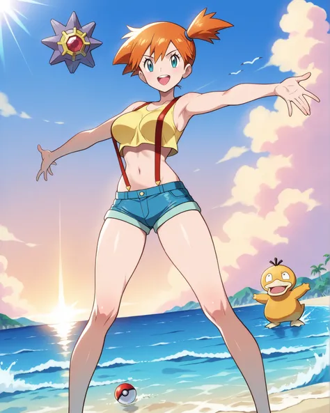 (masterpiece, best quality, Ultra high definition, 4k, 8K), anime style/vibrant cartoon faithful to the official design of Pokémon.
Misty, Pokémon Trainer , young and athletic girl with orange hair tied in a side ponytail, big sky blue eyes, cheerful and e...