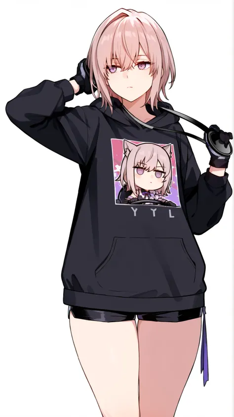 masterpiece, best quality, newest, absurdres, highres, detailed eyes, 1girl, mature, solo, light-white pink hair, short hair, wolf cut, double-parted bangs, swept bangs, single hair intake, hair between eyes, cool serious eyes, light-purple eyes, flat ches...