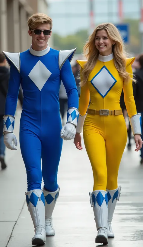 character: 1 young man blonde hair Wearing sunglasses wearing  blue power ranger body suit futuristic white accents,  and 1 young woman  blonde hair Wearing futuristic yellow power ranger body suit with white blue accents, white skin pale.

action: walk st...