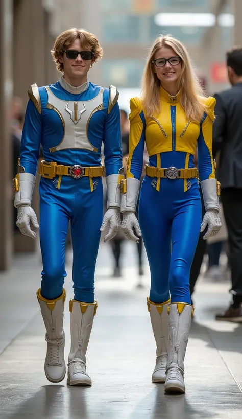 character: 1 teenager boy blonde hair Wearing sunglasses wearing  blue power ranger body suit futuristic white accents,  and 1 teenager girl blonde hair Wearing futuristic yellow power ranger body suit with white blue accents, white skin pale.

action: wal...