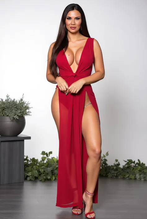 Mature woman standing posing  . Tall Thick body woman wearing fashion same as in photo  .heavy red lipstick and makeup . thick very long hair .confident look on face and confident strong body . seductive look. white background photoshoot studio. full body ...