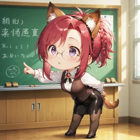 chibi,,full body、little character、2.5 heads tall、(1 person:1.4)、(chibi only) The Abstinent Teacher、(Female Teacher with Beast Ears)、masterpiece、Highest Quality、Ultra Detailed 、anime style、classrooms、black rimmed glasses in 8k, with her hair tied up strictl...