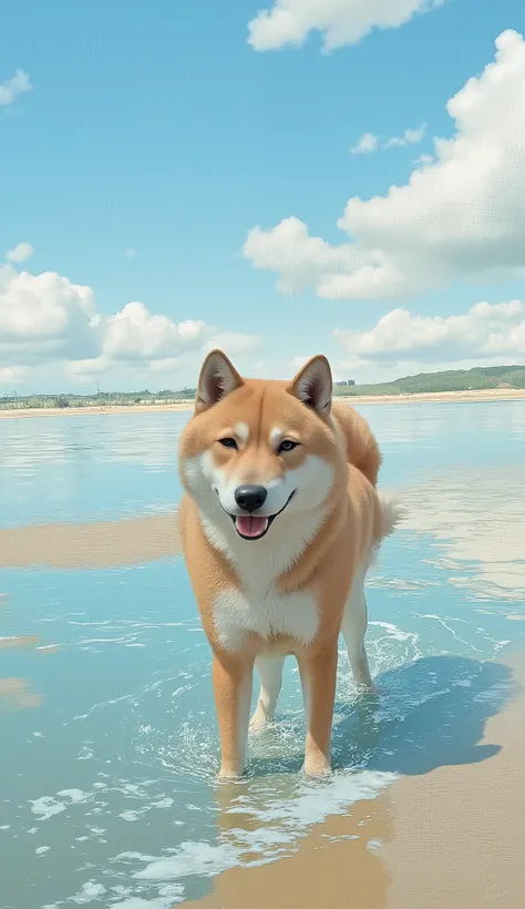 There is a dog standing in the water on the beach, Shiba Inu, At sea, Shiba Inu dog, Sheba dog, inspired by Shiba Jianghan, Above seawater, Kissed by Xiao Linqing, Japanese Dog, by Kinichiro Ishii, anthropomorphic Shiba Inu