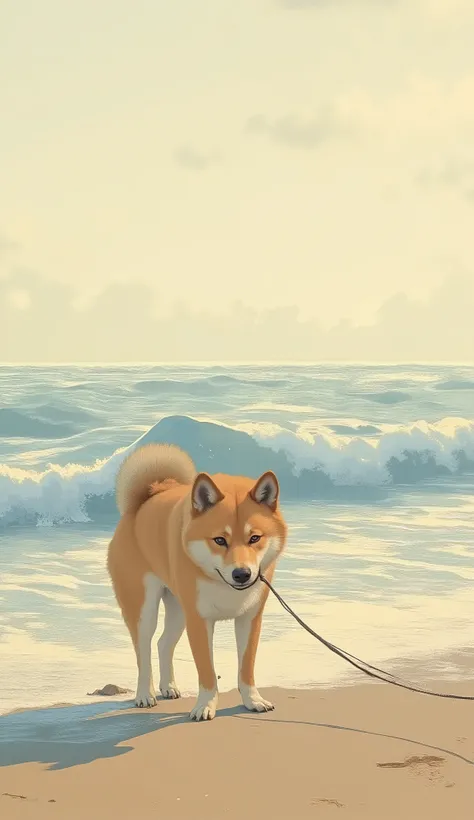 A Shiba Inu stands thoughtfully at the edge of the ocean, It has an inquisitive, thoughtful pose. The dog's fur glows with warmth, in shades of golden , soft contrast, Pastel sea foam swirls around its paws. The waves are calm , Rhythmic tides caress the ...