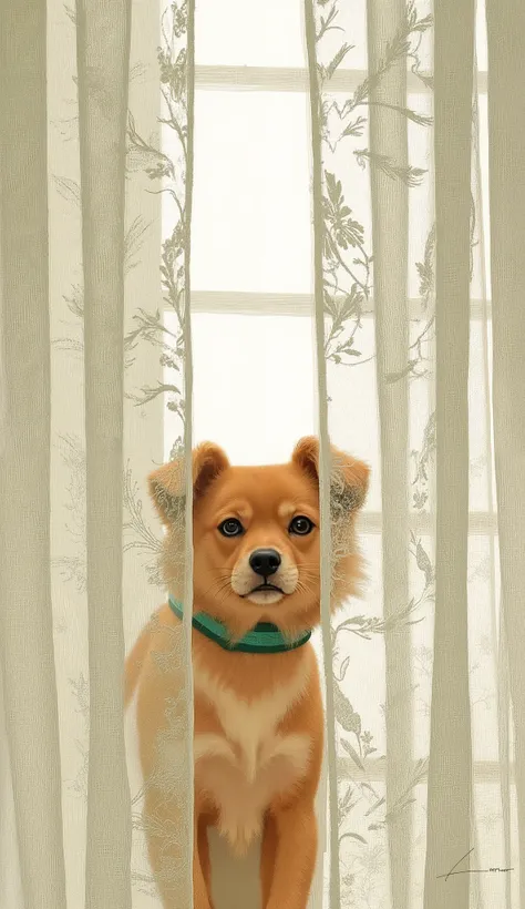 Hall々the texture of fur and lace blends seamlessly, Lace curtains decorated with intricate floral patterns. The dog's reddish brown fur and alert profile、Translucent fabric, and mainly adds color contrast in a light-colored background {x} creates a multi-l...