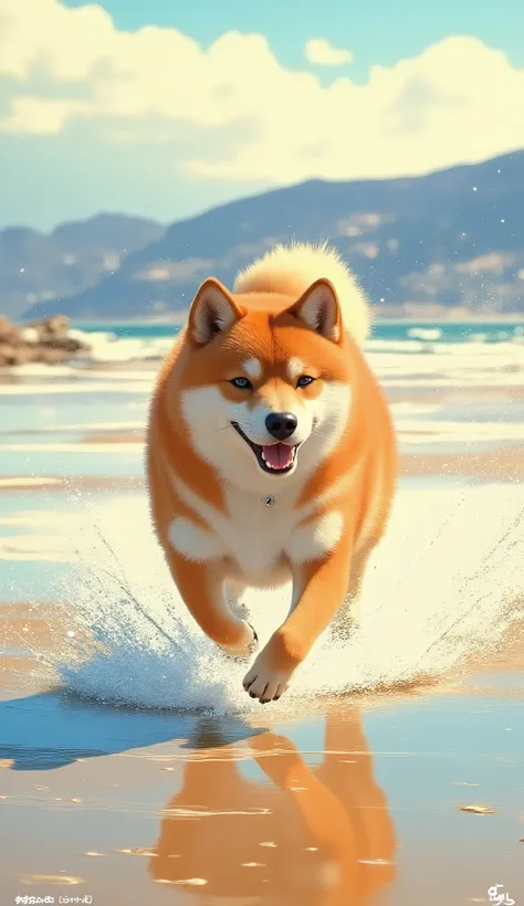 There is a dog running on a waterside beach, inspired by Shiba Jianghan, AI generated portrait,  Mr. Keiichiro Kume , [ digital art ]!!, by Oze Kanaoka, Shiba Inu, Sheba dog, Kissed by Xiao Linqing, By Gigadō Ashiyuki