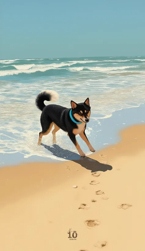 A small, agile dog, likely a Shiba Inu, frolics playfully along the shoreline, leaving a trail of paw prints in the sand. Its fur is a rich blend of black and tan, accented by a bright blue collar. The atmosphere is light-hearted and whimsical, enhanced by...