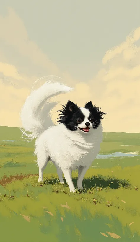 A small dog, possibly a Pomeranian or similar breed, stands on a patch of green grass. The fur is predominantly white with black markings, creating a striking contrast against the muted earthy background. The depiction suggests movement, as the dog appears...