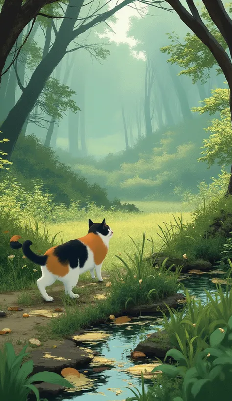 there is a 猫 that is walking through the grass with leaves, anime visual of a cute 猫, anime 猫, 猫 in the forest, 非常に詳細で色鮮やかな, realistic anime 猫, 猫 detailed, calico 猫, 猫. デジタルペインティング, 非常に詳細なベクターアートの下部 , 出水ぽすか, 可愛らしい詳細なデジタルアート, by 宮崎, highly detailed デジタルペイン...