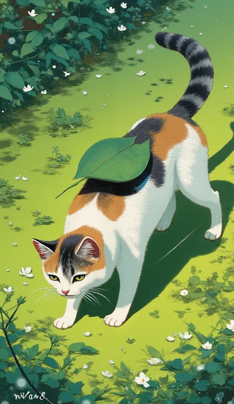 魅力的なLarge三毛猫は, Turquoise eyes navigate among the lush foliage. Its fur, A striking blend of white, orange on the back, With a black patch , Contrasting vividly with the vibrant green surroundings. The cat walks thoughtfully, With its left paw slightly rai...