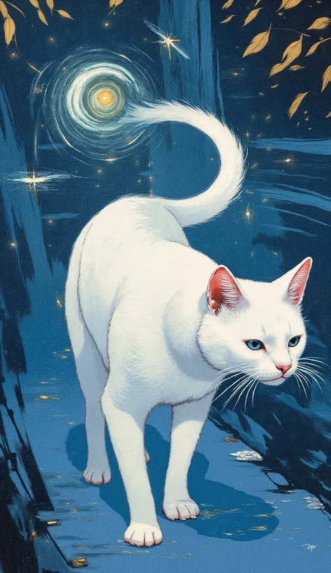 A beautiful illustration of a cat adorns the canvas, teeth、It strides gracefully forward with determination and curiosity。. このネコ科動物teeth、create a dreamlike atmosphere. This is an artistic interpretation, not a literal depiction{x}The cat wears a white fur ...
