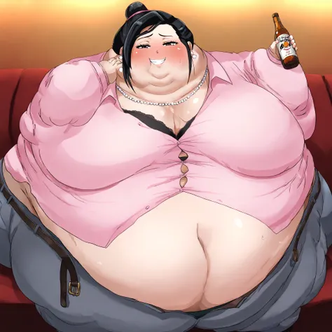 (masterpiece, best quality, ultra-detailed, anime style, official style, 1girl, solo, looking at viewer, sitting, relaxed,  ch1ch1, black eyes, black hair, party outfit, alternate sidelocks, hair bun, single hair bun, shirt, pink shirt, collared shirt, lon...