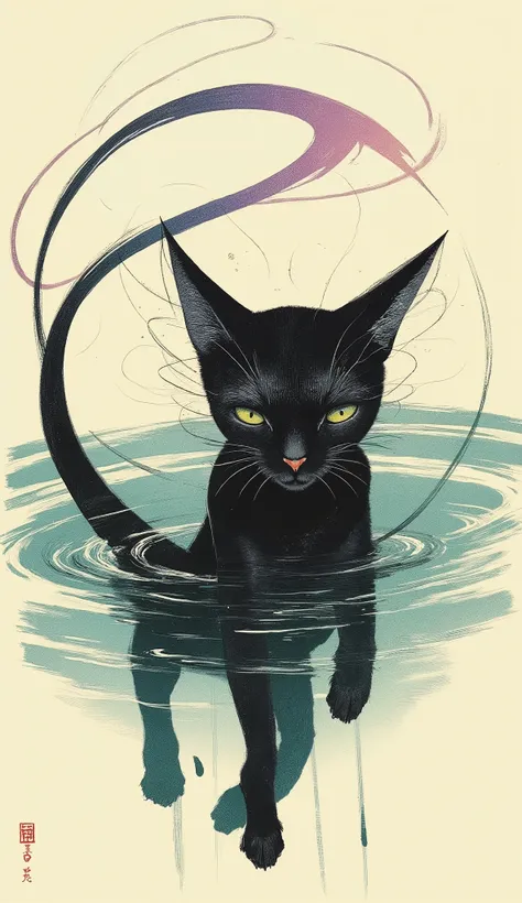 there is a black cat that is swimming In the water, cat swimming in water, liquid cat, a Cat Painting, Cat Painting, Mr. Keiichiro Kume , Cat from the Void , in a Cat Painting, cat with fur, Ink illustrations, There is a circular picture of animals an...