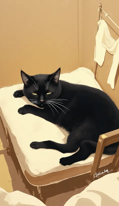 there is a black 猫 laying on a white pillow with a brown background, illustration of a 猫, a painting of a 猫, painting of a 猫, 猫. デジタルペインティング, ラインレス, ロフィの肖像画, by Ikuo Hirayama, anime visual of a cute 猫, 猫, イケムラレイコ著, ロフィのアルバムアート