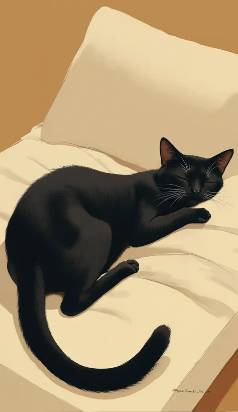 there is a black 猫 laying on a white pillow with a brown background, illustration of a 猫, a painting of a 猫, painting of a 猫, 猫. デジタルペインティング, ラインレス, ロフィの肖像画, by Ikuo Hirayama, anime visual of a cute 猫, 猫, イケムラレイコ著, ロフィのアルバムアート