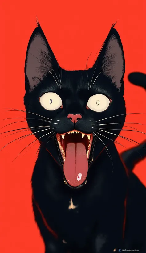 。黒猫teeth大胆な, Dark Red Background, and対比して描かれ、Creating a striking and dramatic contrast. この画像にteeth、気まぐれでありなbutら強烈なムードbut漂っています, open your mouth wide, reveal sharp teeth, and. 目teeth大きく丸いです, with large, pupil(How about), 猫の表情teeth驚きや驚きの表情の一因andなっている驚きやショック....