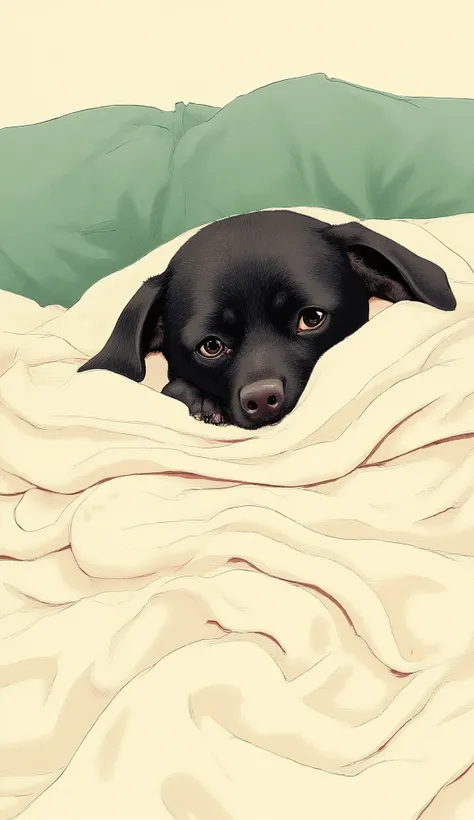 An attractive illustration of a dog peeking out of a blanket. the dog is drawn in a dark color, probably black , expressive eyes convey warmth and curiosity The. the head is wrapped in a soft blanket, the cream blanket is drawn loosely, Flowing Lines, the...