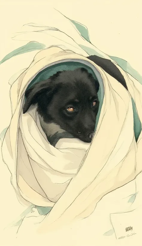 An attractive illustration of a dog peeking out of a blanket. the dog is drawn in a dark color, probably black , expressive eyes convey warmth and curiosity The. the head is wrapped in a soft blanket, the cream blanket is drawn loosely, Flowing Lines, the...