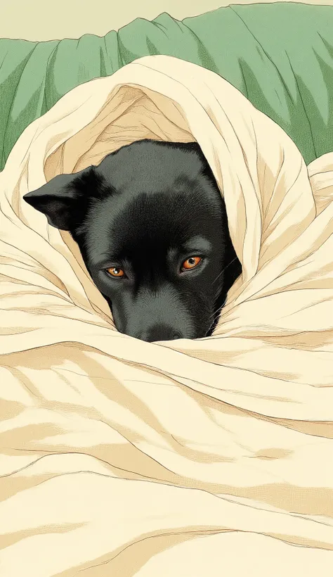An attractive illustration of a dog peeking out of a blanket. the dog is drawn in a dark color,  probably black , expressive eyes convey warmth and curiosity The. the head is wrapped in a soft blanket, the cream blanket is drawn loosely, Flowing Lines, the...