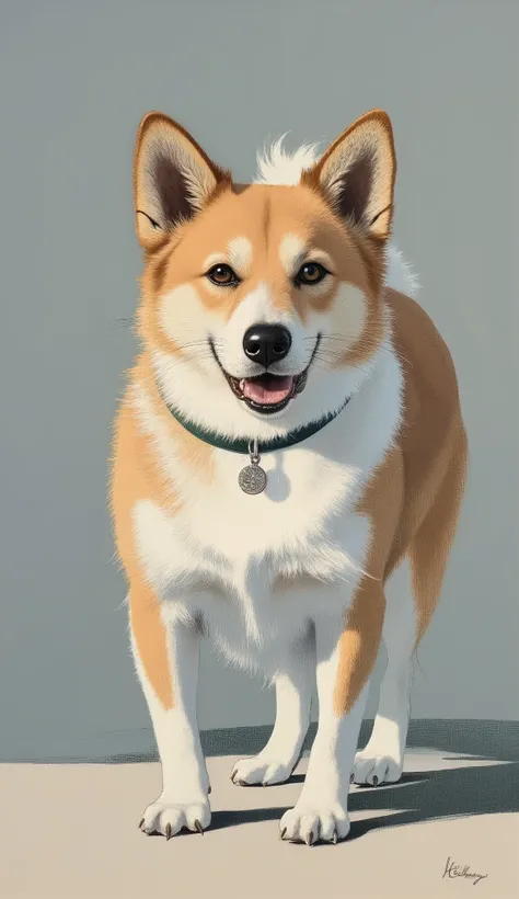 painting of a dog standing on a gray surface with a collar, painting of cute dog, by Tracy Harris, by Richard Carline, by Tom Bonson,  by Tony Tuxon , , Portrait of Tintin, in the style of Janos Tolney,  Senior Artist , portrait of a dog, by Tom Goody, the...