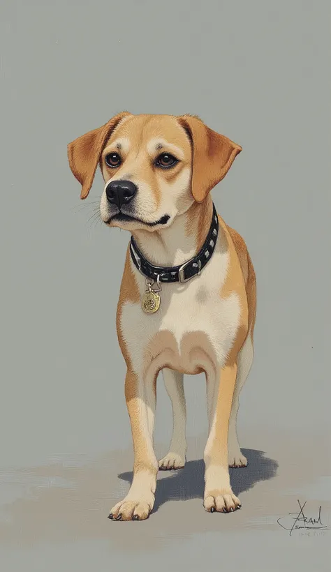 painting of a dog standing on a gray surface with a collar, painting of cute dog, by Tracy Harris, by Richard Carline, by Tom Bonson,  by Tony Tuxon , , Portrait of Tintin, in the style of Janos Tolney,  Senior Artist , portrait of a dog, by Tom Goody, the...