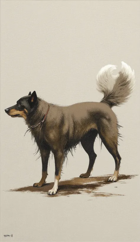 shows the author and year of production, Tilt your head up、Raise your tail high々と立っているみすぼらしいdog. dog, on a textured painting, emphasizes the depth of the composition, Loess, A hint of gray consists of, The simplicity and minimal background of the painting、...