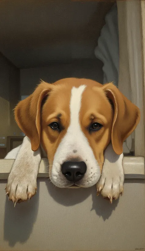 Picture of a dog looking over a shelf with its head on the edge, inspired by Edwin Landseer, Picture of a cute dog, , watching viewers, looks at you, s, portrait close-up, is staring at viewers, oil, middle close-up, ANAL MECHANICAL HOOP STARING AT PUSSY, ...