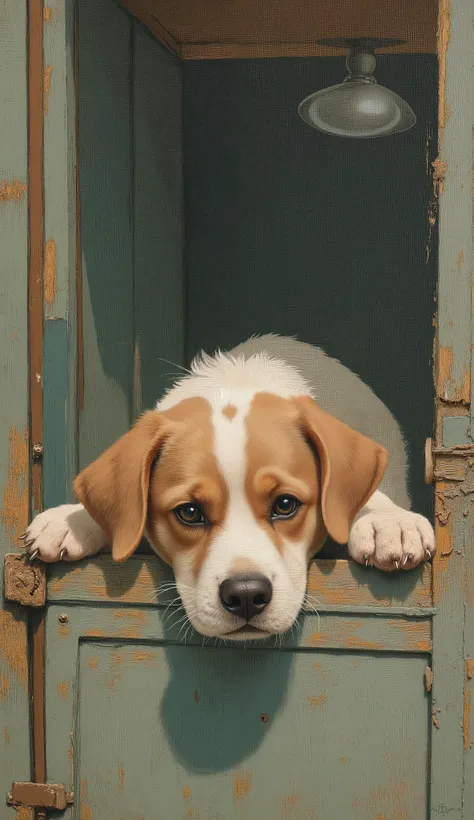 Picture of a dog looking over a shelf with its head on the edge, inspired by Edwin Landseer, Picture of a cute dog, , watching viewers, looks at you, s, portrait close-up, is staring at viewers, oil, middle close-up, ANAL MECHANICAL HOOP STARING AT PUSSY, ...