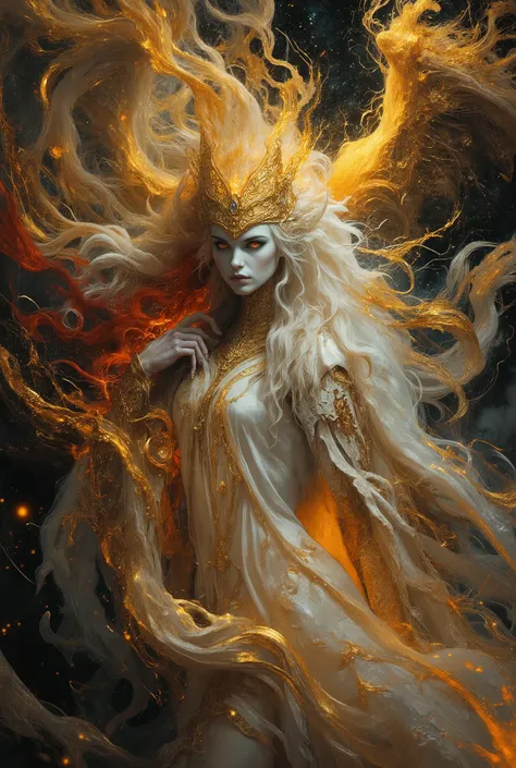best, highest quality, ultra high resolution, masterpiece, hyperreal impressionistic full portrait done in a surreal dark fantasy style, what appears to be a gorgeous 20 year old albino vixen is something cosmic that towers over planets in its true form, a...