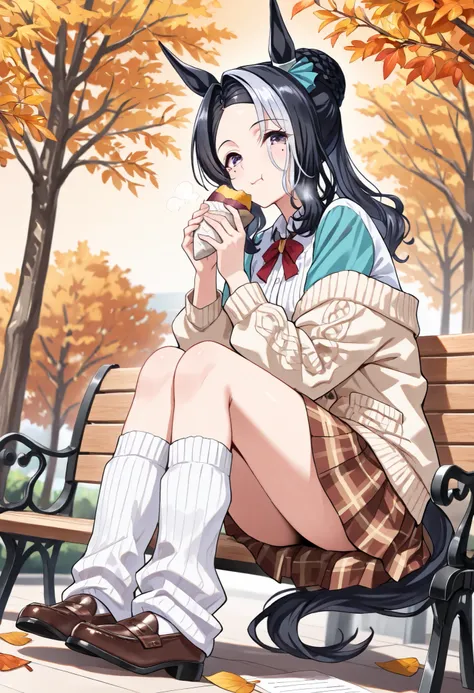 (masterpiece, best quality, perfect face:1.4), wide angle, full body, mejiro ramonu \(umamusume\), black hair, white hair, multicolored hair, ((long hair)), wavy hair, purple eyes, mole under eye, ear ornament, horse ears, horse tail, tail on the lower bac...