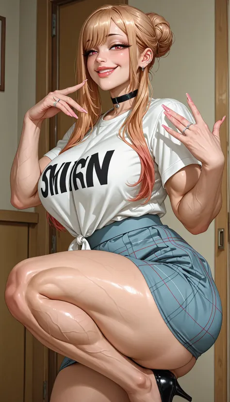 1woman, mature, from front, marin kitagawa, my dress up darling, tshirt, medium skirt, round butt, curvy, large breast, thick muscular thighs, wide curvy hips, voluptuous body, Curvy body, thicc woman, smilling, lips, naughty face, smug, medium shot, eroti...