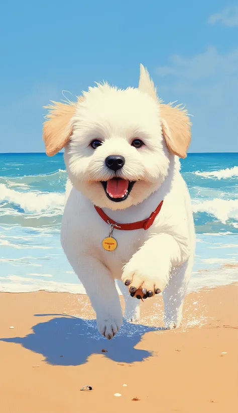 Little fluffy dog, probably a Bichon Frise or similar breed, runs happily through the sand, white fur that softly reflects sunlight. The dog hangs I'm wearing a red collar with an ID tag on it, ears flap in the breeze、they wear happy pants and open their m...