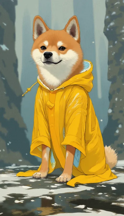 painting of a dog wearing a yellow raincoat sitting on a rock, anthropomorphic Shiba Inu, Doge, Picture of a cute dog,  digital oil painting on canvas , Oil Enamel, Japanese Dog, Shiba Inu, digital paint, Sheba dog,  anthropomorphic dog, yellow raincoat, d...