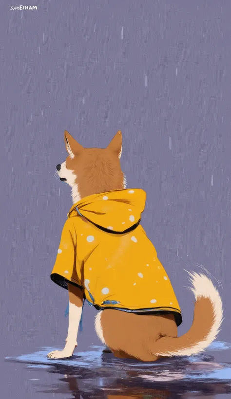 小さなdog, 多分柴dog, The adorable quality of the image, alludes to the wet ground、creates a slightly solemn impression. dogは白い水玉模様で飾られた明るい黄色のレインコートを着ています, Adding a playful vibe. the texture is stylized, digital painting technology, , which has an intricate desi...