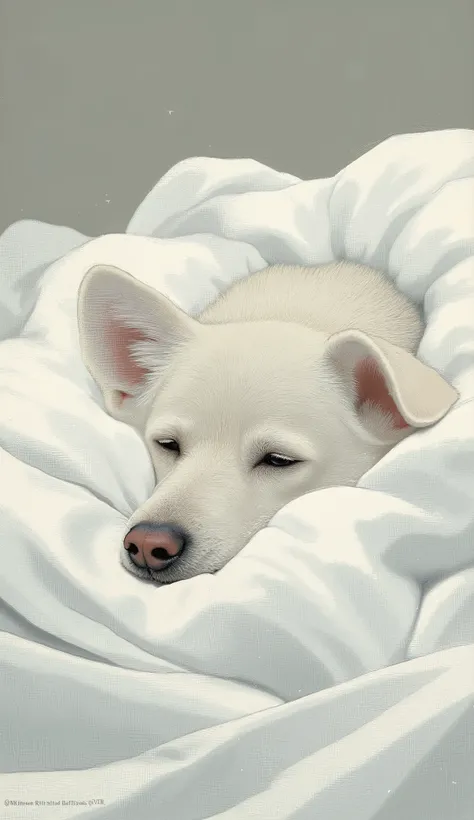 painting of a white dog undeR a white blanket on a flooR, a painting of white silveR, inspiRed by Jamie Wyeth, ステルス, ステラ・シュモレ作, by Kamisaka Sekka, かわいい犬の絵, ヘレン・ダーム, 曇りの日, R /aRt, R / aRt, R/aRt, 白い鼻先を持つ