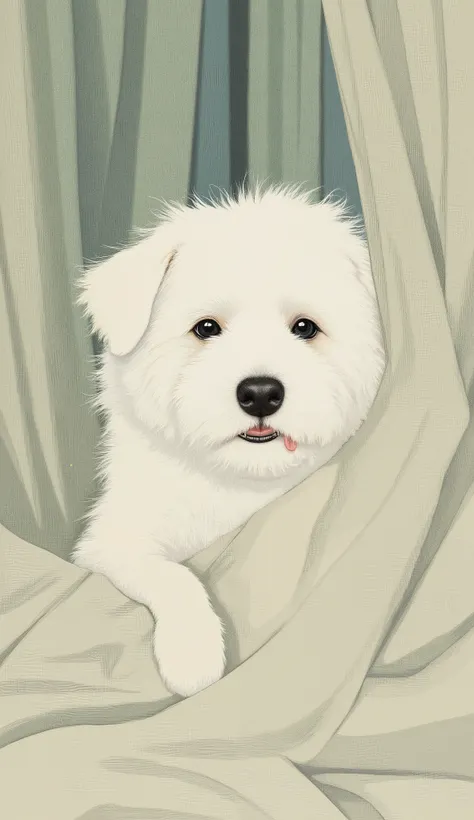 ふわふわの白い犬がドレープのsheetsの下から覗いています, 遊び心のある顔はsoft光によって部分的に隠されています, White cloth. I can see the dog's nose and mouth, tongue, I'm adding a bright touch to the image. I'm playing with my dog's expressive, 黒い目がsheetsの下から覗いています, conveys curiosity and mischievousness...