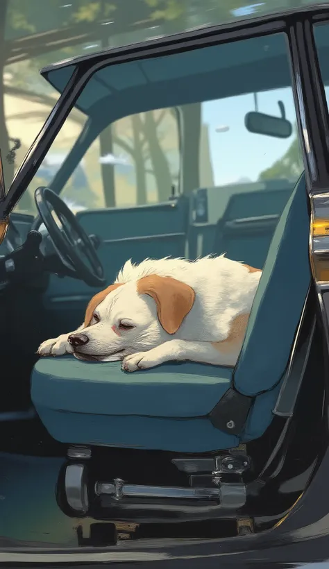 Carafe dog lying on a car seat with its head on the seat, , You look tired, 'i'm so tired, Happily tired, he's very relaxed, almost taking a nap, , very relaxed , Lost consciousness, Feet on Wheels , tired face, little white dog on the side, so tired ,...