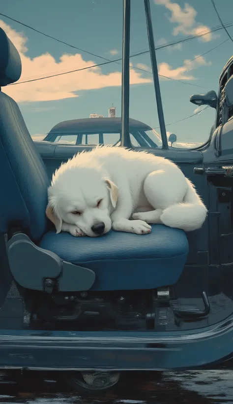 Carafe dog lying on a car seat with its head on the seat,  , You look tired, 'i'm so tired, Happily tired, he's very relaxed, almost taking a nap, ,  very relaxed , Lost consciousness, Feet on Wheels , tired face, little white dog on the side,   so tired ,...