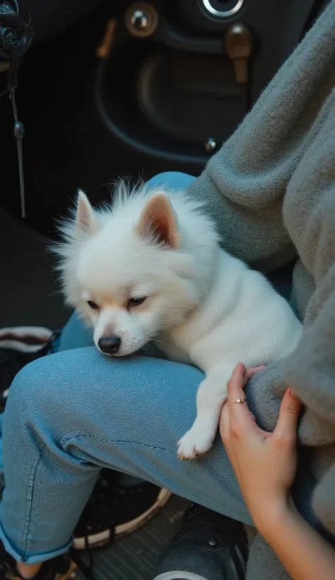 the little white terrier in a fluffy coat、they place their head quietly between people's legs。, 。the dog's thin fur and blue jeans. The dog's eyes are closed, and the expression is calm and contented. } in a place that looks like the floor of a car It high...