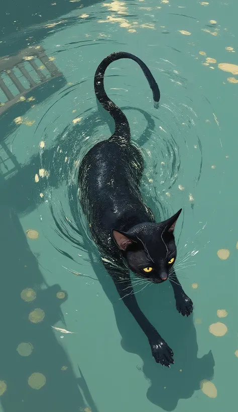 there is a black cat that is sitting In the water, a cat swimming In the water, liquid cat, cat. digital painting,  just a joke , Lofi Art, In the water, In the water, by Relja Penjic, floating In the water, Jan J, a painting of a cat, painting of a cat, W...
