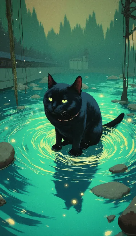 A sleek black cat sits in the center of a rippling puddle, almost surreal hues of turquoise and green. The water around the cat is vibrant, almost surreal hues of turquoise and green, Those shining yellow-green eyes、I'm staring directly at the viewer with ...