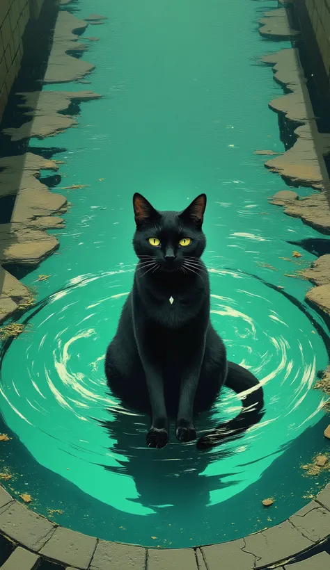 A sleek black cat sits in the center of a rippling puddle, almost surreal hues of turquoise and green. The water around the cat is vibrant, almost surreal hues of turquoise and green, Those shining yellow-green eyes、I'm staring directly at the viewer with ...