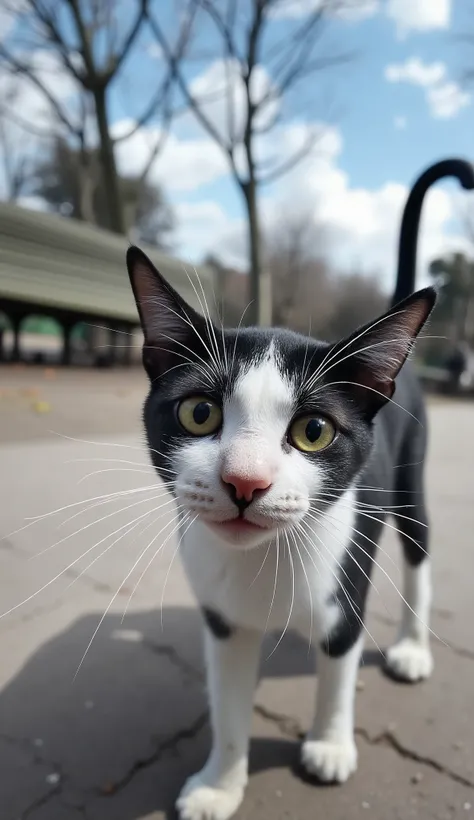 x} a curious cat The foreground dominates the foreground in this black and white image,  adding a whimsical atmosphere to the scene . its face is close to the camera, magnifying its expressive wide eyes and long whiskers that fan out dramatically. the cat'...