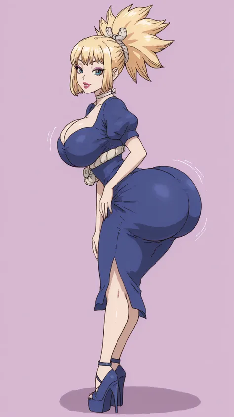 score_9, score_8_up, score_7_up, source_anime BREAK Bradtanker3-style, HyperBimbo, bimbo, 1girl, kohaku \(dr. stone\), blonde hair, ponytail, choker, green blue eyes, open eyes, makeup, puffy sleeves, lipstick, stunning makeup , strong lipliner , heavy eye...