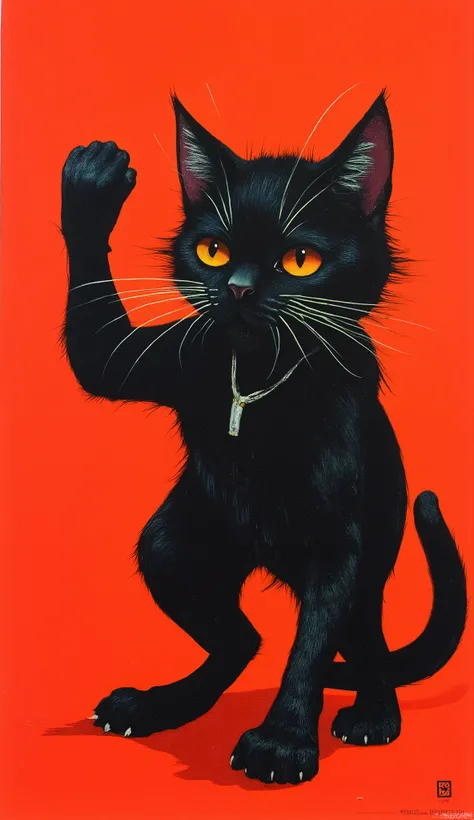 boldly stylized images、depicts an impressive black cat, wide, far apart yellow eyes that stare closely at the viewer, conveys determination and charisma. A cat's right leg、using a color palette, evokes strength and rebelliousness.  This painting 、based on ...