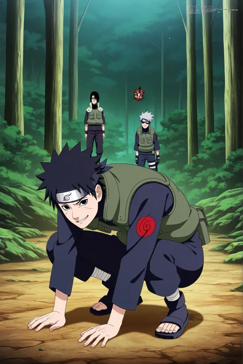 1 boy,Wearing a white Kabuki mask, (((  Squat down and place both hands on the floor.))), anime characters in green vests and black pants standing in a forest, itatchi uchiha, kakashi hatake, kakashi, sasuke uchiha, choke smirk smile grin, itachi uchiha, i...