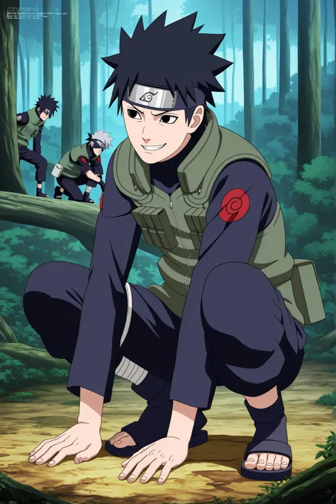 1 boy,Wearing a white Kabuki mask, (((  Squat down and place both hands on the floor.))), anime characters in green vests and black pants standing in a forest, itatchi uchiha, kakashi hatake, kakashi, sasuke uchiha, choke smirk smile grin, itachi uchiha, i...