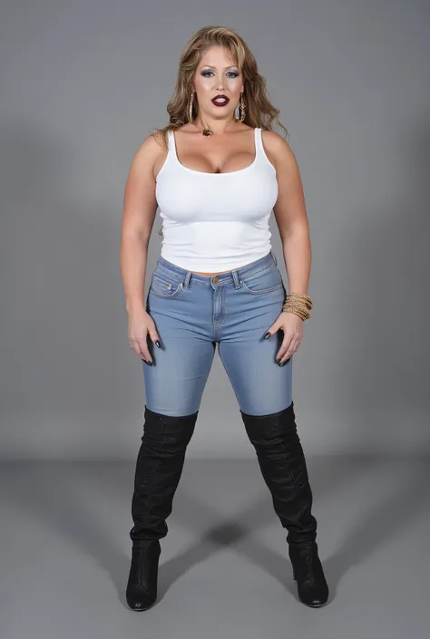 Mature woman standing posing  . Tall Thick body woman wearing sky blue denim jeans and velvet black high boots. .heavy black lipstick. thick long hair like medusa .Confident look on face and strong body . grey background photoshoot studio. full body shadow...