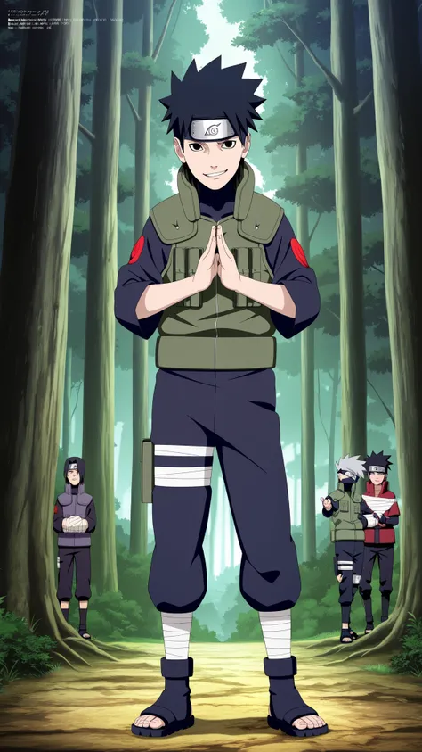 1 boy,Wearing a white Kabuki mask, ((( Join hands and cast a ninja spell Hold up 2 fingers))), anime characters in green vests and black pants standing in a forest, itatchi uchiha, kakashi hatake, kakashi, sasuke uchiha, choke smirk smile grin, itachi uchi...